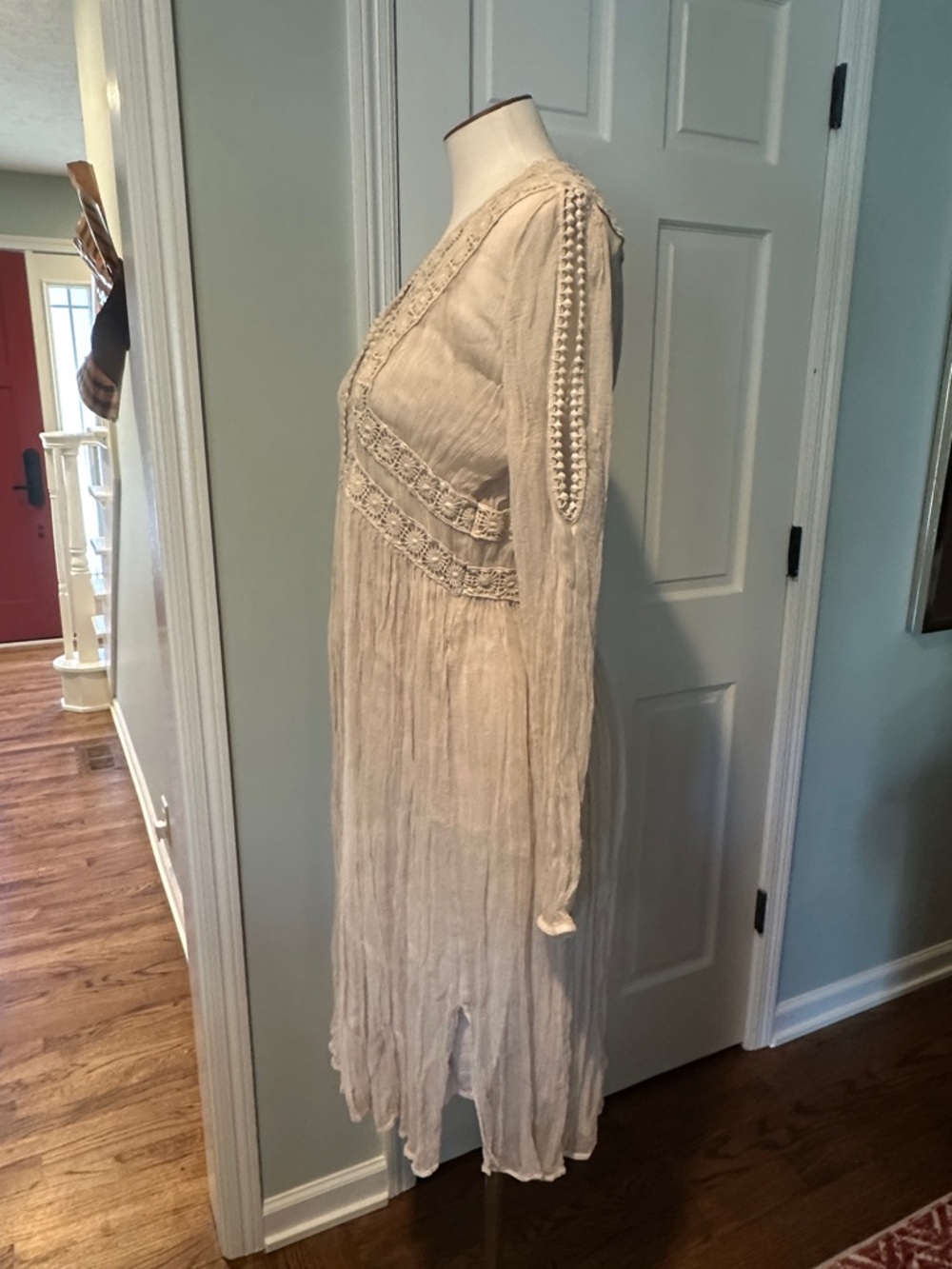 EUC Sundance Sz 12 Gauzy 2-piece Boho Lace-Trim Long Sleeve Midi Dress in Beige - Picture 7 of 11